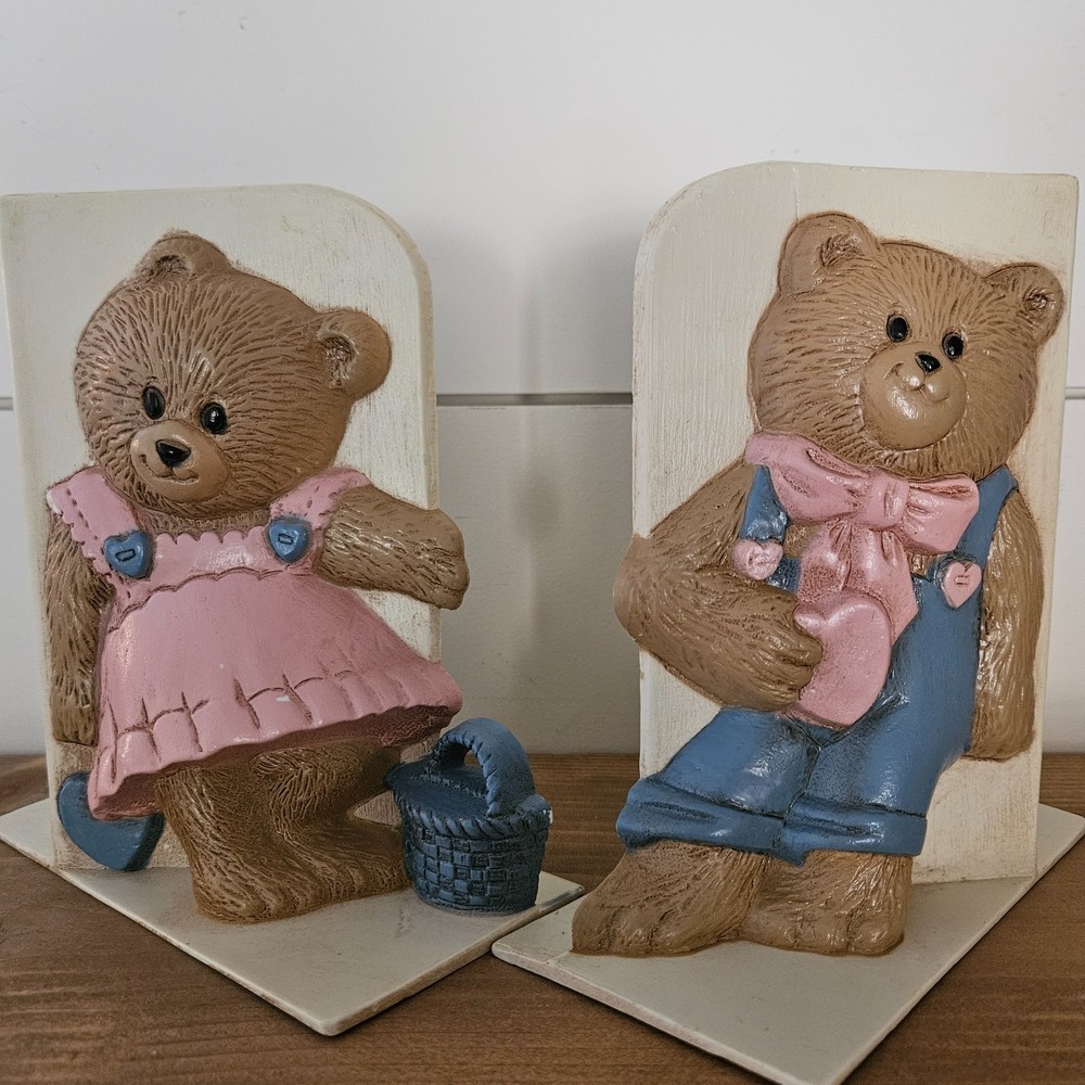 Vintage Burwood Teddy Bear Bookends Set Boy Girl Pink Blue 1991 Nursery‎ Decor